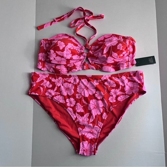 Wild Fable Pink Floral Bralette Cheeky Bikini Set & Cover Up 3PC Women 2X 3X NEW - Picture 6 of 12